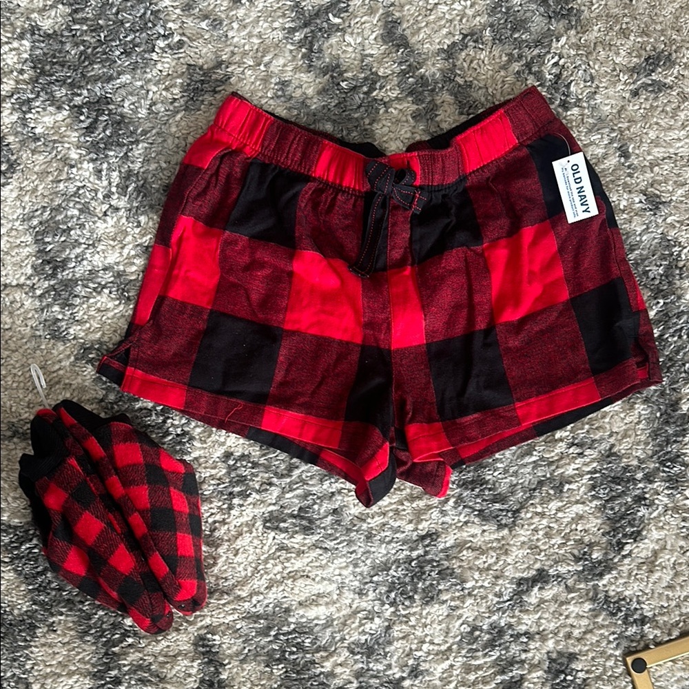 Old Navy Women's Red Plaid Pajama Shorts and Slippers